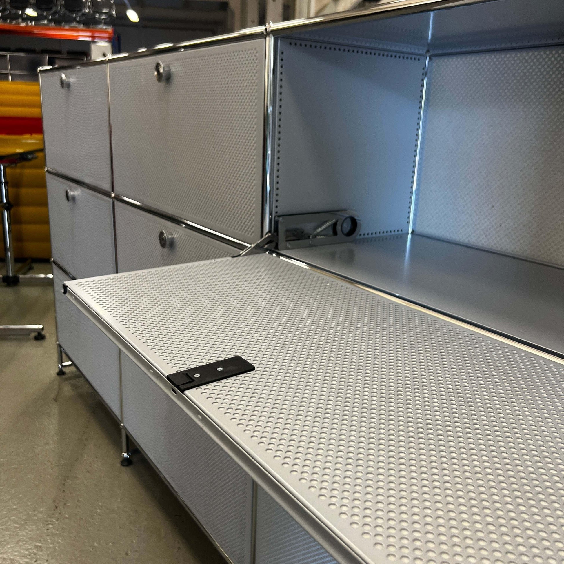 Mattsilver USM Haller Sideboard with 3x3 compartments, 9 perforated soundproof flap doors, 227x120x37cm dimensions