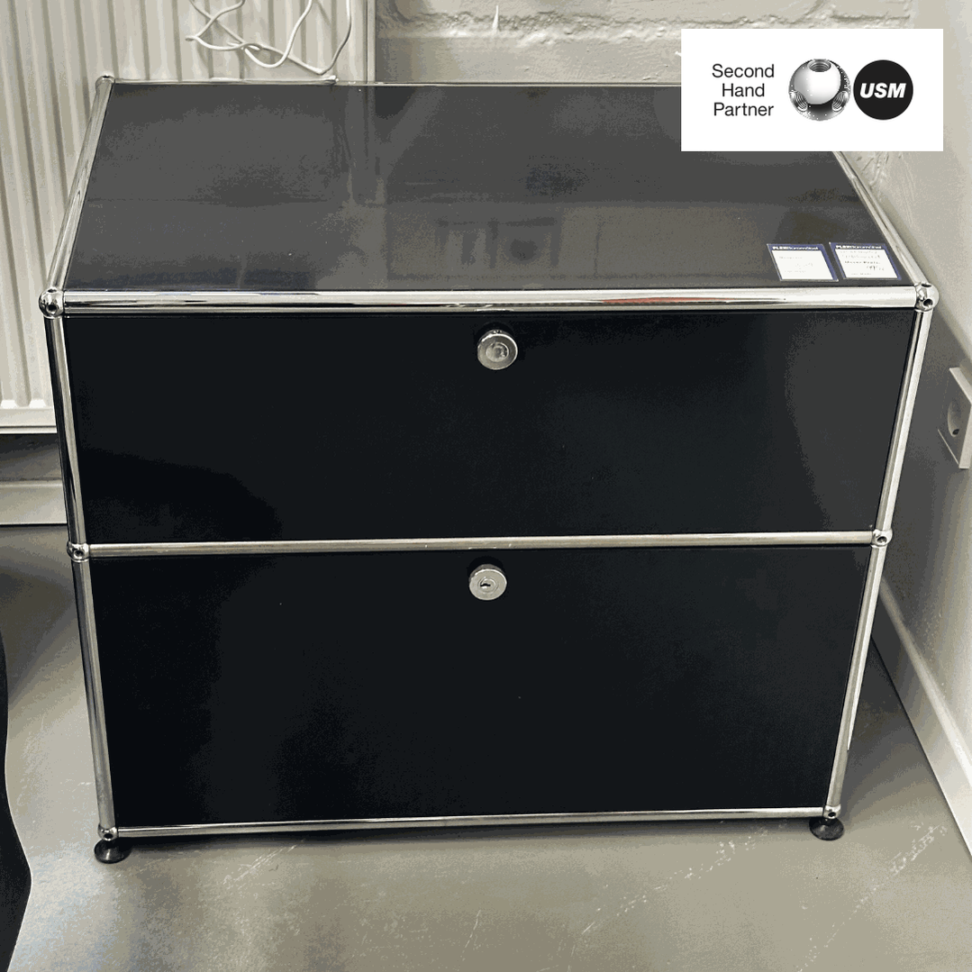 Black USM Haller Sideboard with two compartments and chrome frame, 76.5x64.5x51.5 cm.