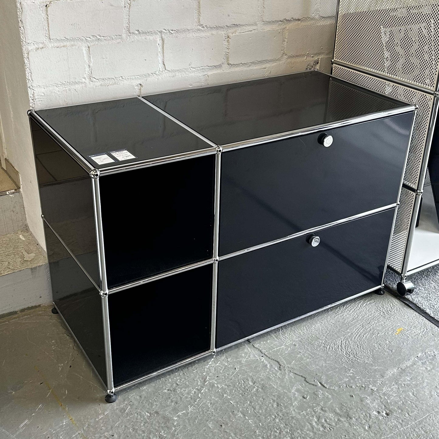 Black USM Haller Sideboard with chrome frame and two drawers, 112.3x74x52.3cm size