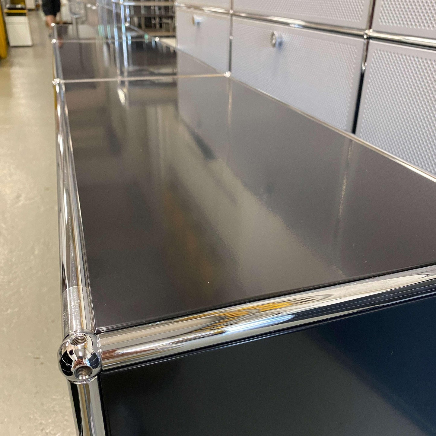 Black USM Haller Sideboard with three flaps and chrome frame, 228x74x38 cm