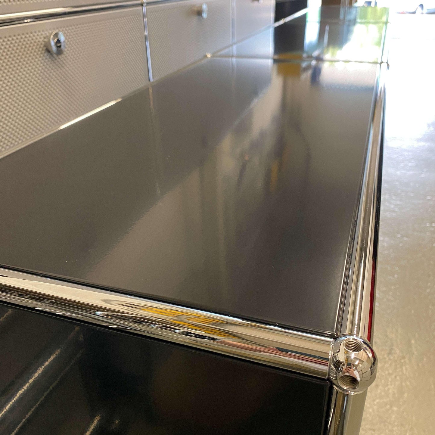 USM Haller Sideboard in black with 3 compartments and chrome frame, dimensions 228x74x38 cm