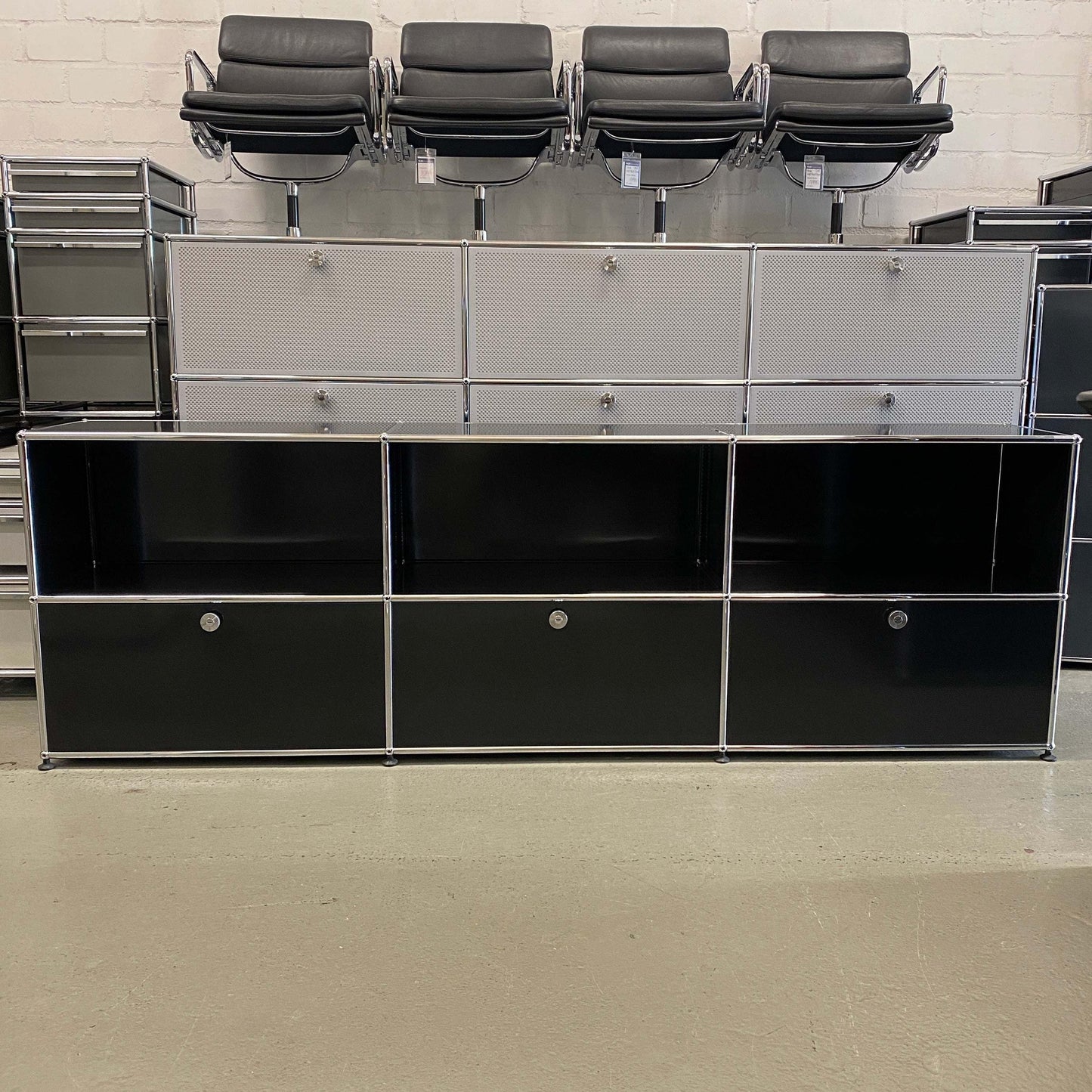 USM Haller black sideboard with three flap doors and open shelves, modern design, 228x74x38cm