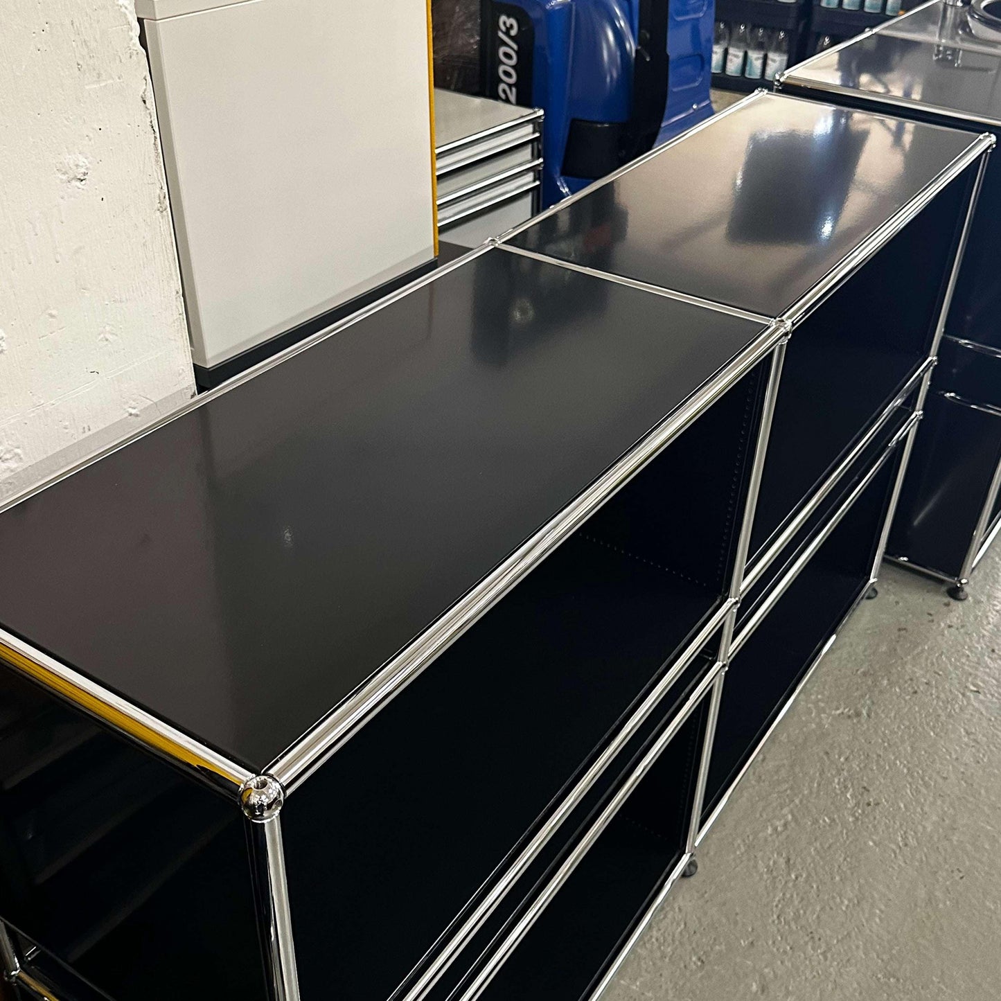 Black USM Haller Sideboard with 6 open compartments, 152x84x37cm, sleek modern design