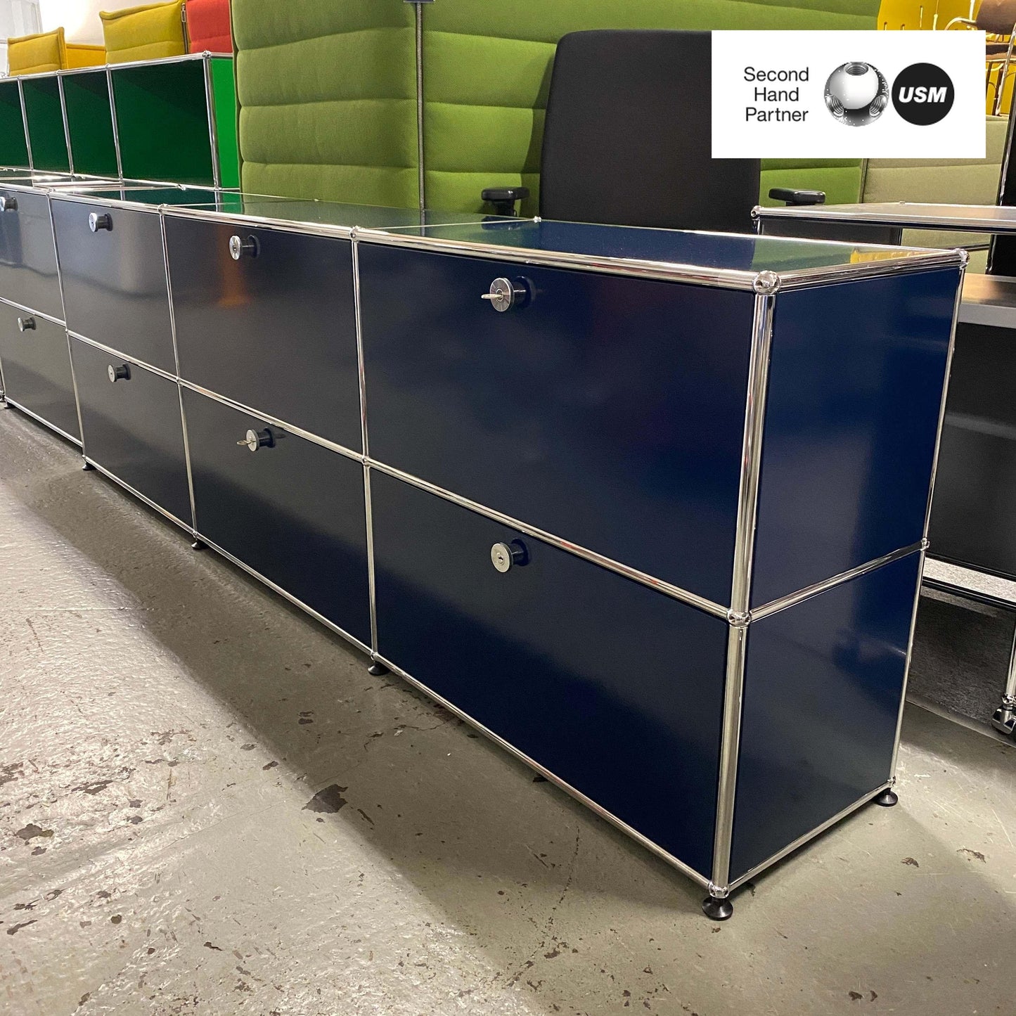 USM Haller Sideboard in steel blue with 6 flap doors and metal frame, dimensions 228x74x38cm