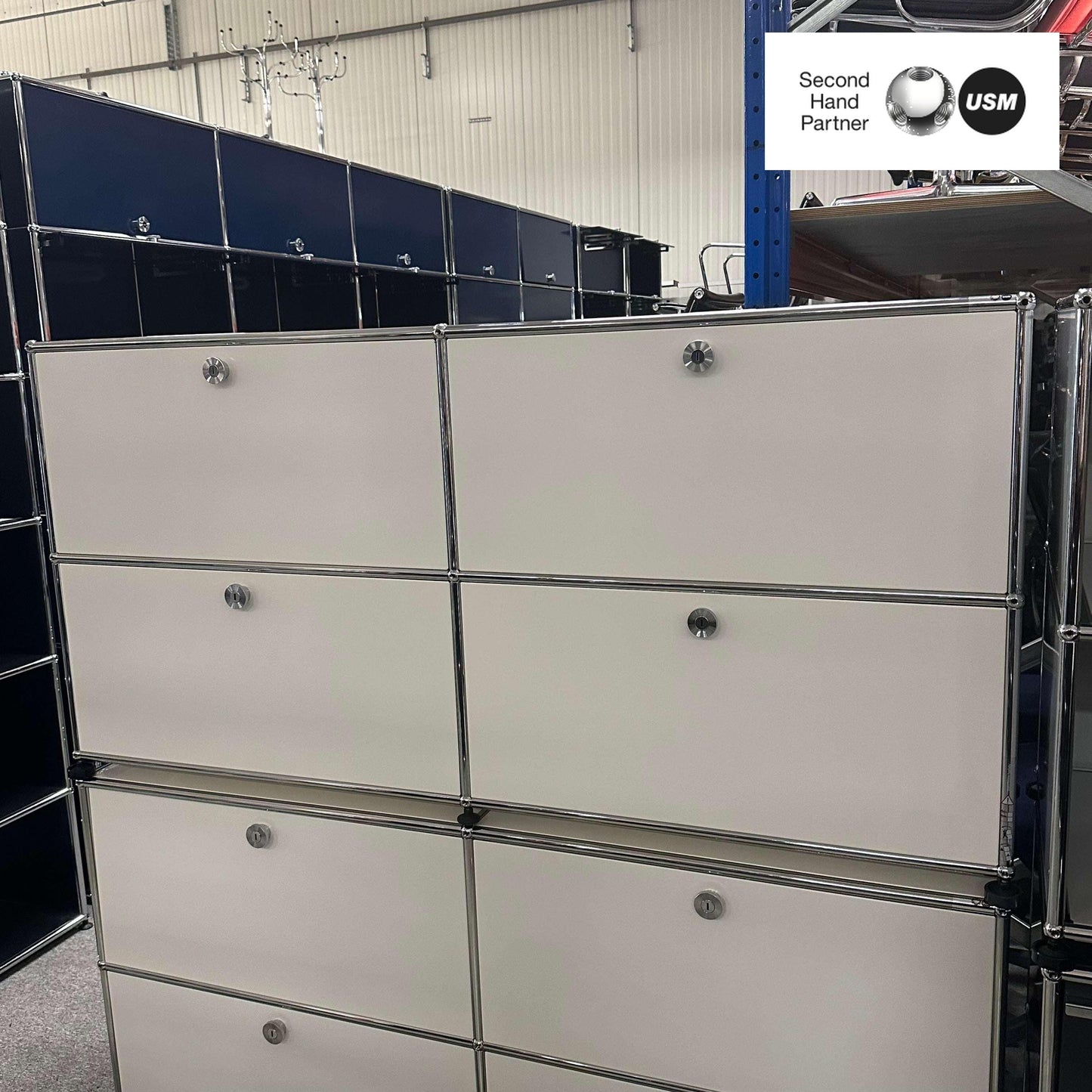 USM Haller Sideboard white with 4 flap doors and chrome frame