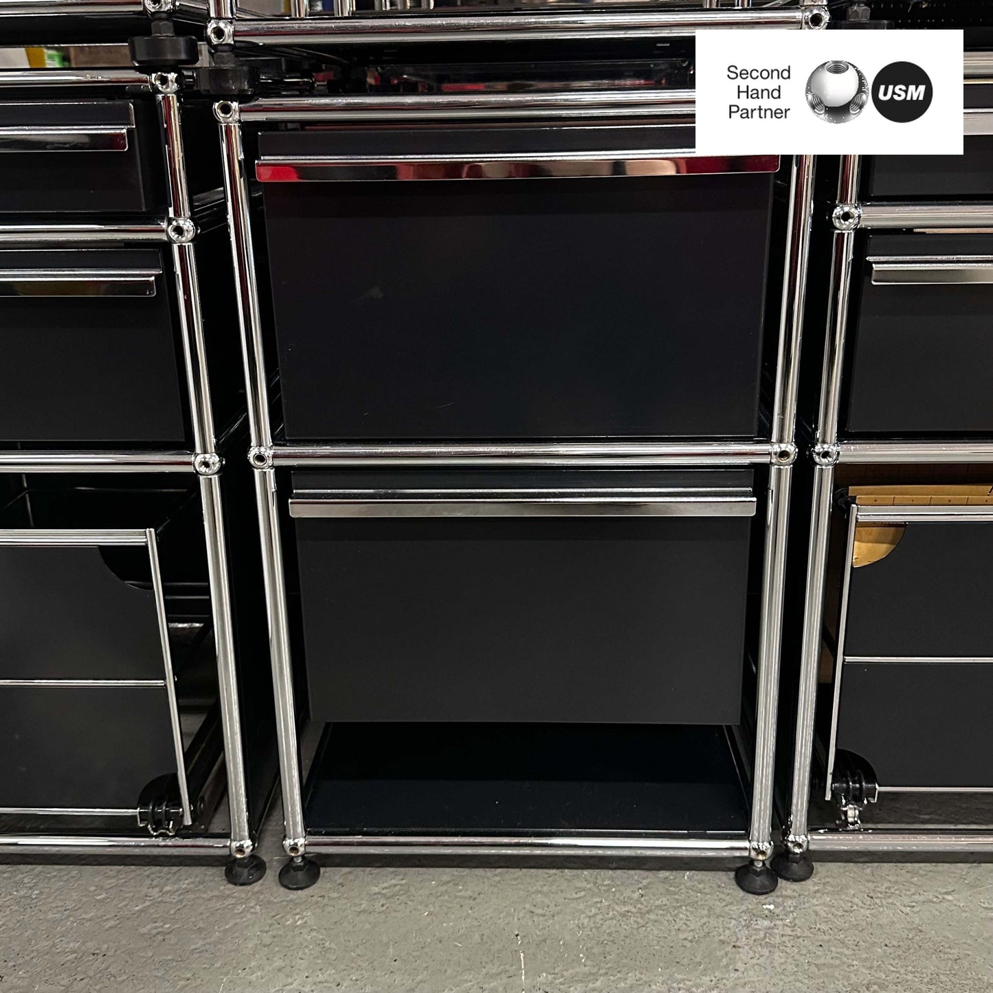 USM Haller black stand container with two drawers and chrome frame