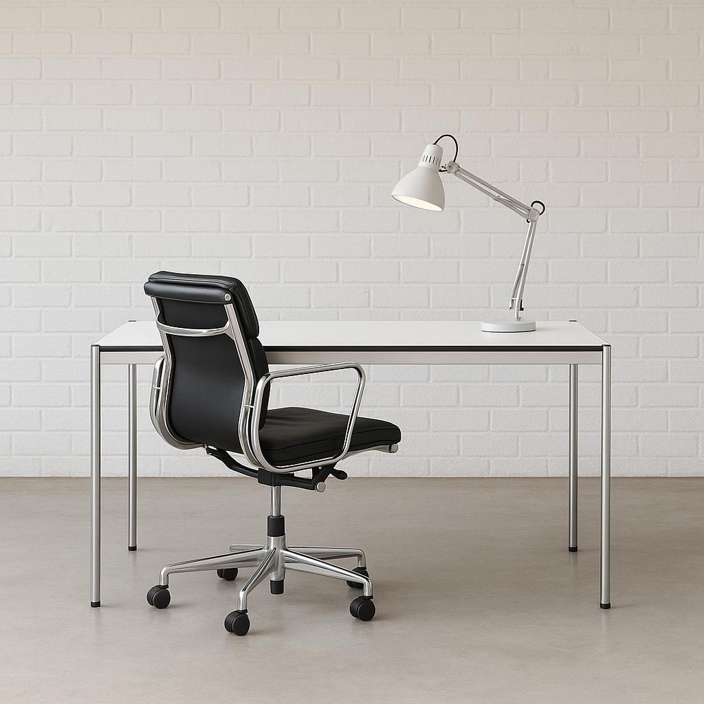 USM Haller Tisch 175x75cm perlgrau mit Chromgestell, Arbeitsplatz mit schwarzem Bürostuhl und weißer Schreibtischlampe vor weißer Backsteinwand