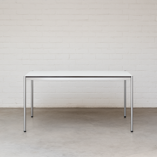 USM Haller Tisch 175x75cm perlgrau weiß mit Chromgestell moderner Arbeitstisch schlicht und elegant