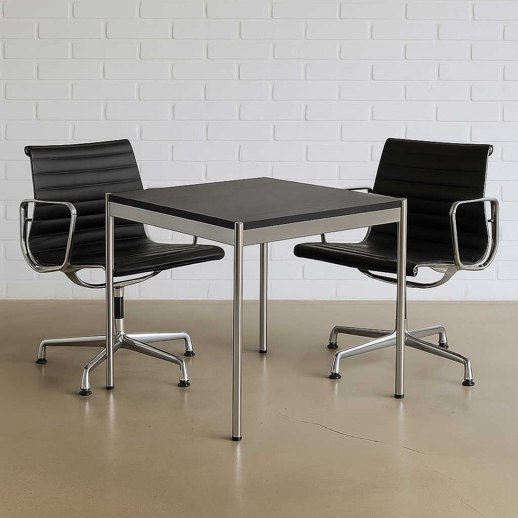 USM Haller Tisch 75x75cm mit schwarz lackierter Eichenplatte und Chromgestell, kombiniert mit zwei schwarzen Bürostühlen vor weißer Backsteinwand