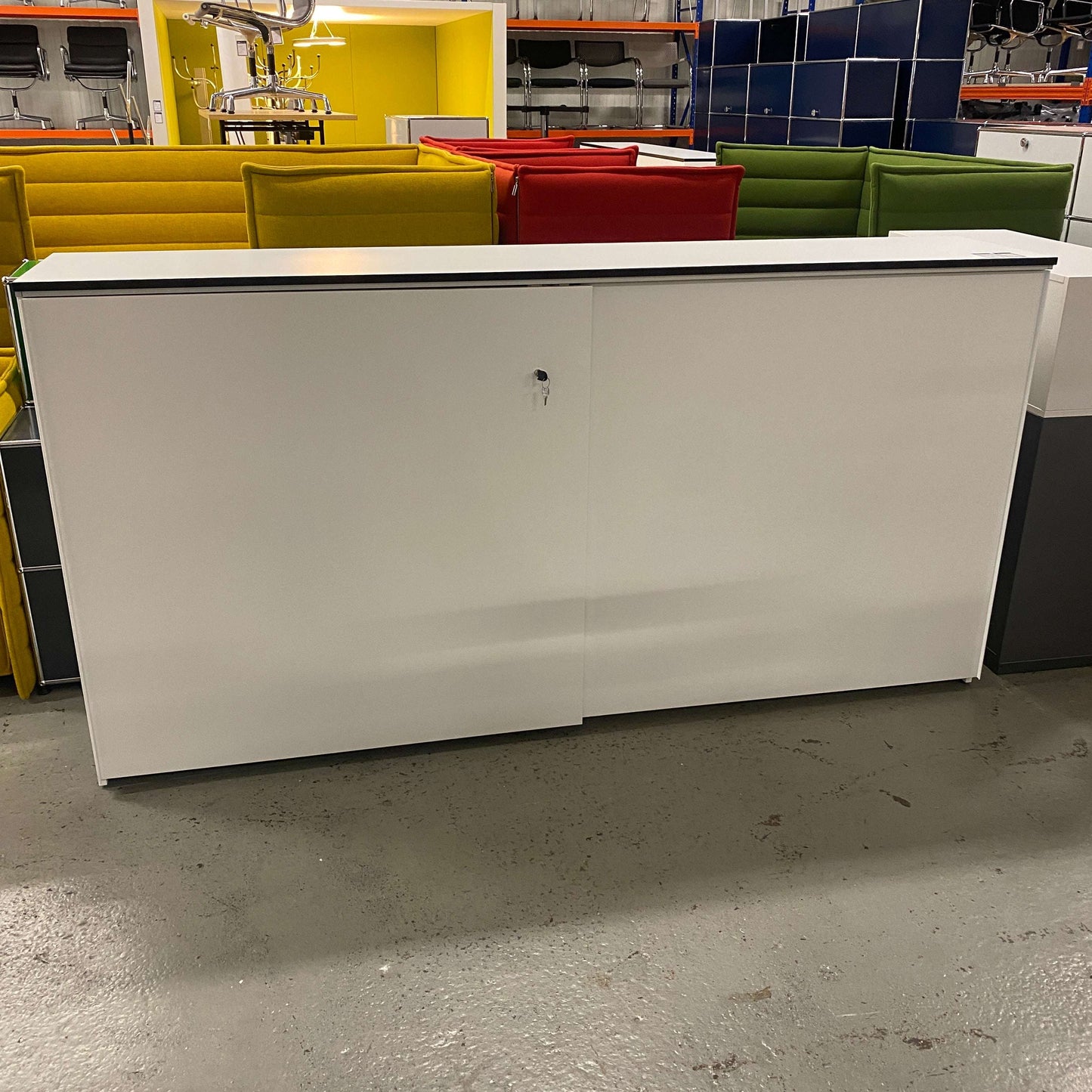 Vario Highboard M10 premium white sliding door cabinet with steel shelves and lock