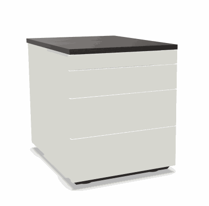 Vario VERSA S Rollcontainer in premium white with smoked oak top, three soft-close drawers, and removable material tray.