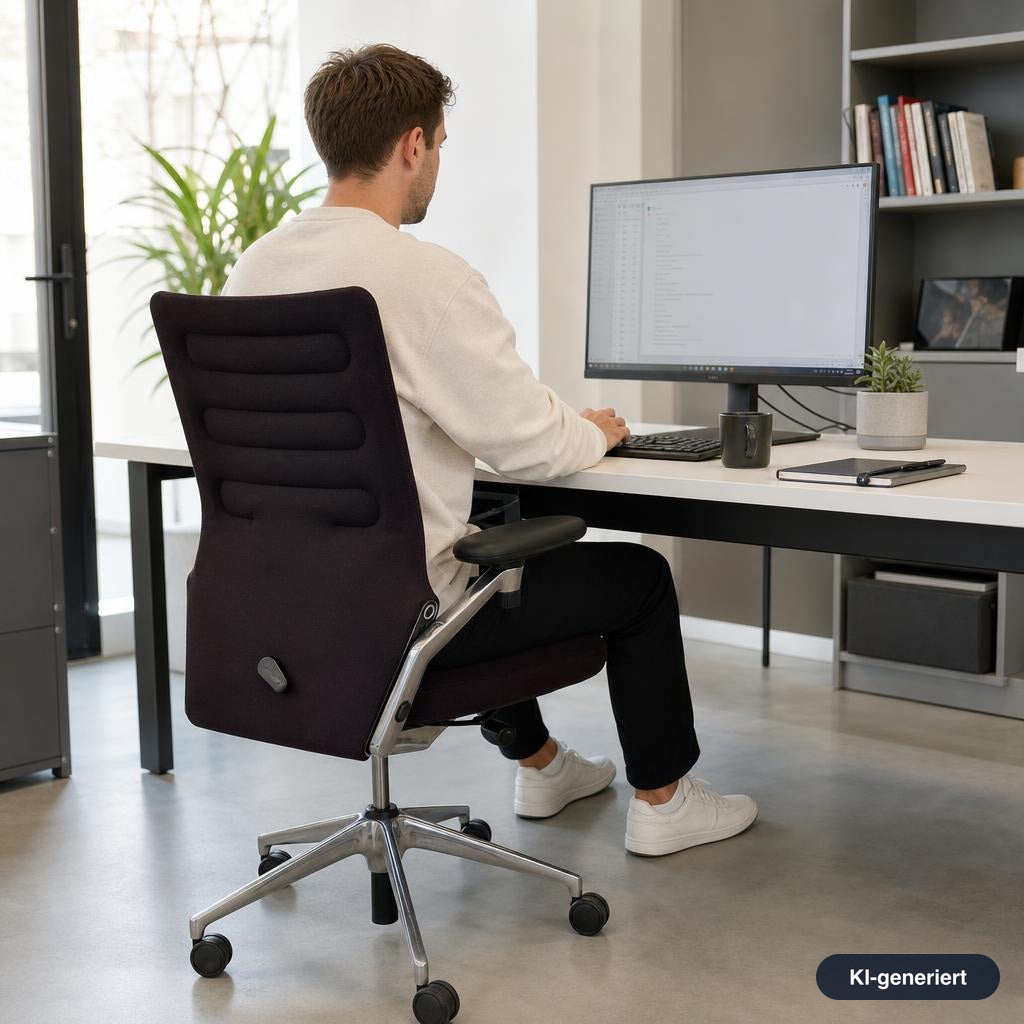 Vitra AC4 Bürostuhl mit schwarzem Stoffbezug, poliertem Aluminium-Fußkreuz und verstellbaren Armlehnen am Schreibtisch.