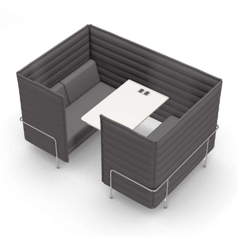 Vitra Alcove Cabin 2-Sitzer Highback Sofa grau mit hohem gepolstertem Rücken und Seitenpaneelen sowie weißer Arbeitsplatte