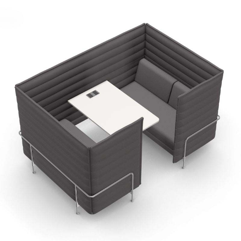 Vitra Alcove Cabin 2-Sitzer Highback grau mit gepolsterten Seitenwänden und integriertem Arbeitstisch