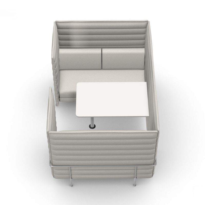 hellgraue Vitra Alcove Cabin 2-Sitzer Highback mit gepolsterten Seitenwänden und weißer Arbeitsplatte