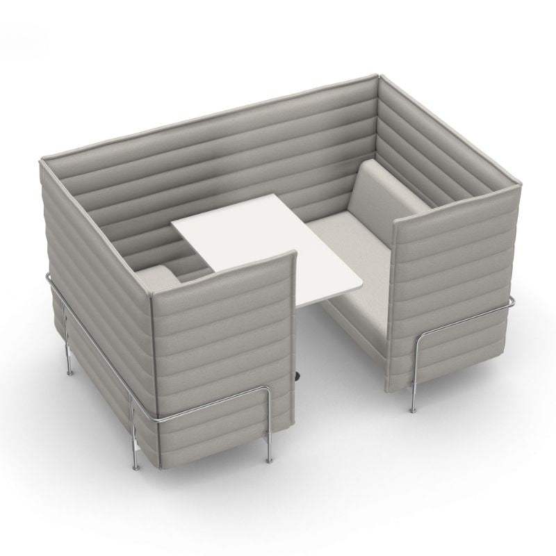 Vitra Alcove Cabin 2-Sitzer Highback hellgraues Sofa mit Arbeitsplatte und hoher akustisch gedämpfter Seiten- und Rückenverkleidung