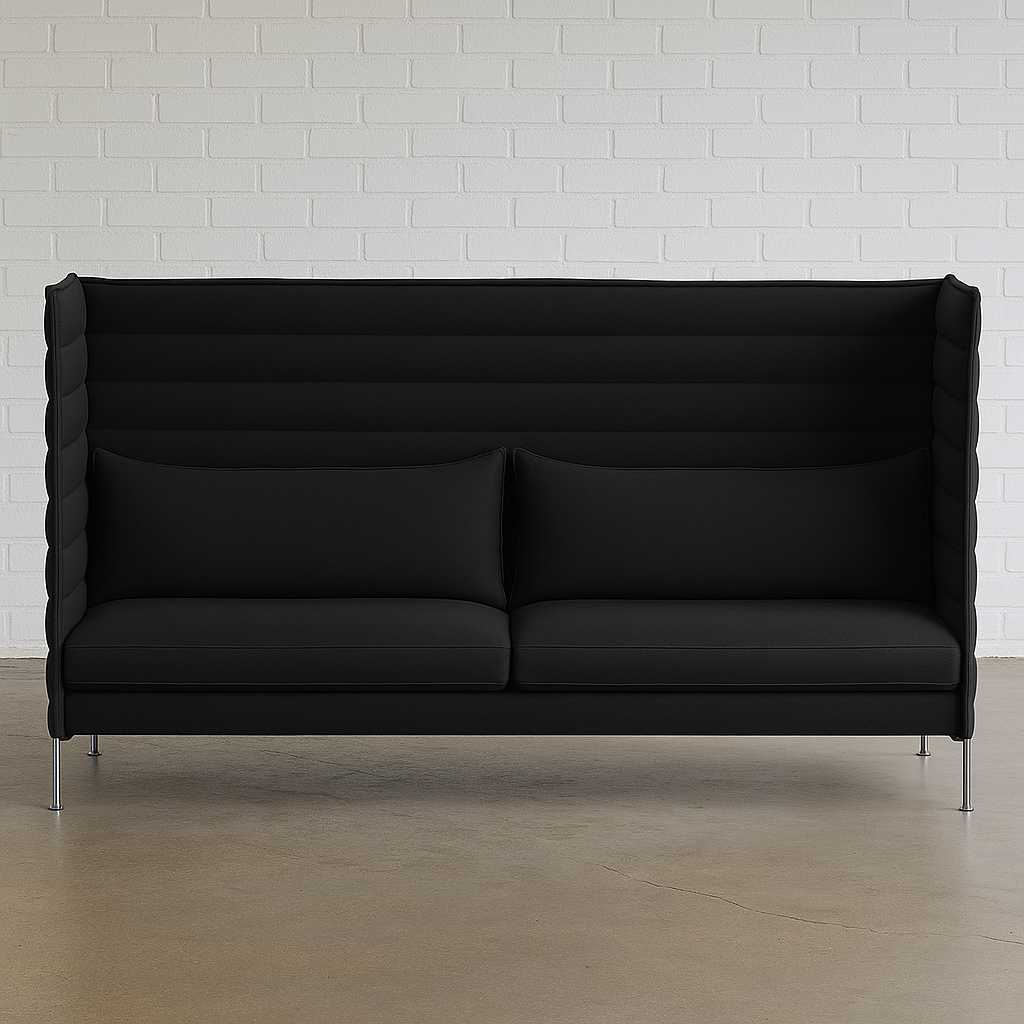 Vitra Alcove Highback black 3-seater sofa with high padded side and back panels on chrome steel frame.