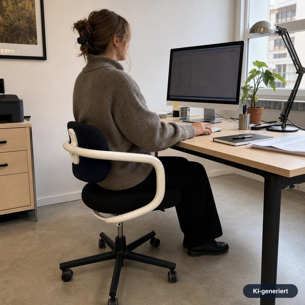 Vitra Allstar Bürostuhl mit schwarzem Stoffbezug, weißem Rahmen und höhenverstellbarer Rückenlehne in einem modernen Büro.