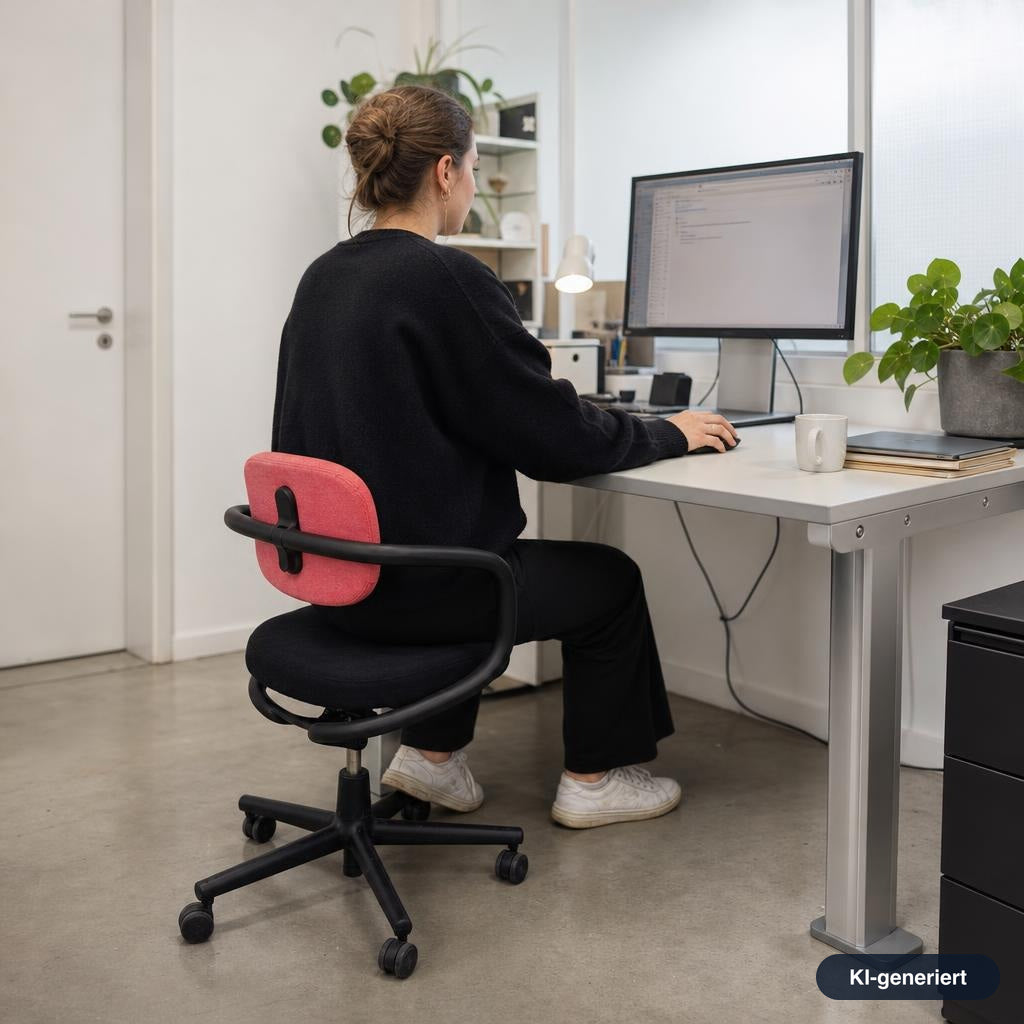 Vitra Allstar Bürostuhl mit schwarzem Gestell und schwarz-rosa Stoffbezug an einem modernen Schreibtisch.