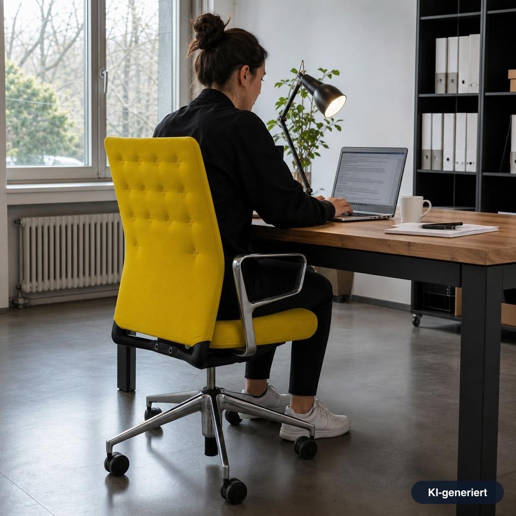 Vitra ID Trim Bürostuhl in Gelb mit poliertem Aluminiumgestell, Ringarmlehnen und Rollen an einem Schreibtisch.