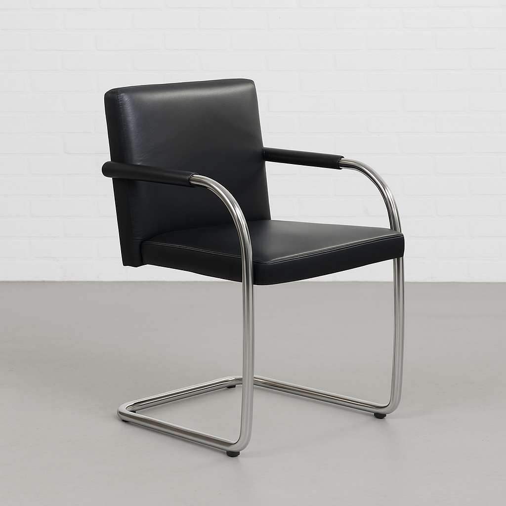 Vitra Visasoft Freischwinger mit schwarzem Lederbezug und Chromgestell