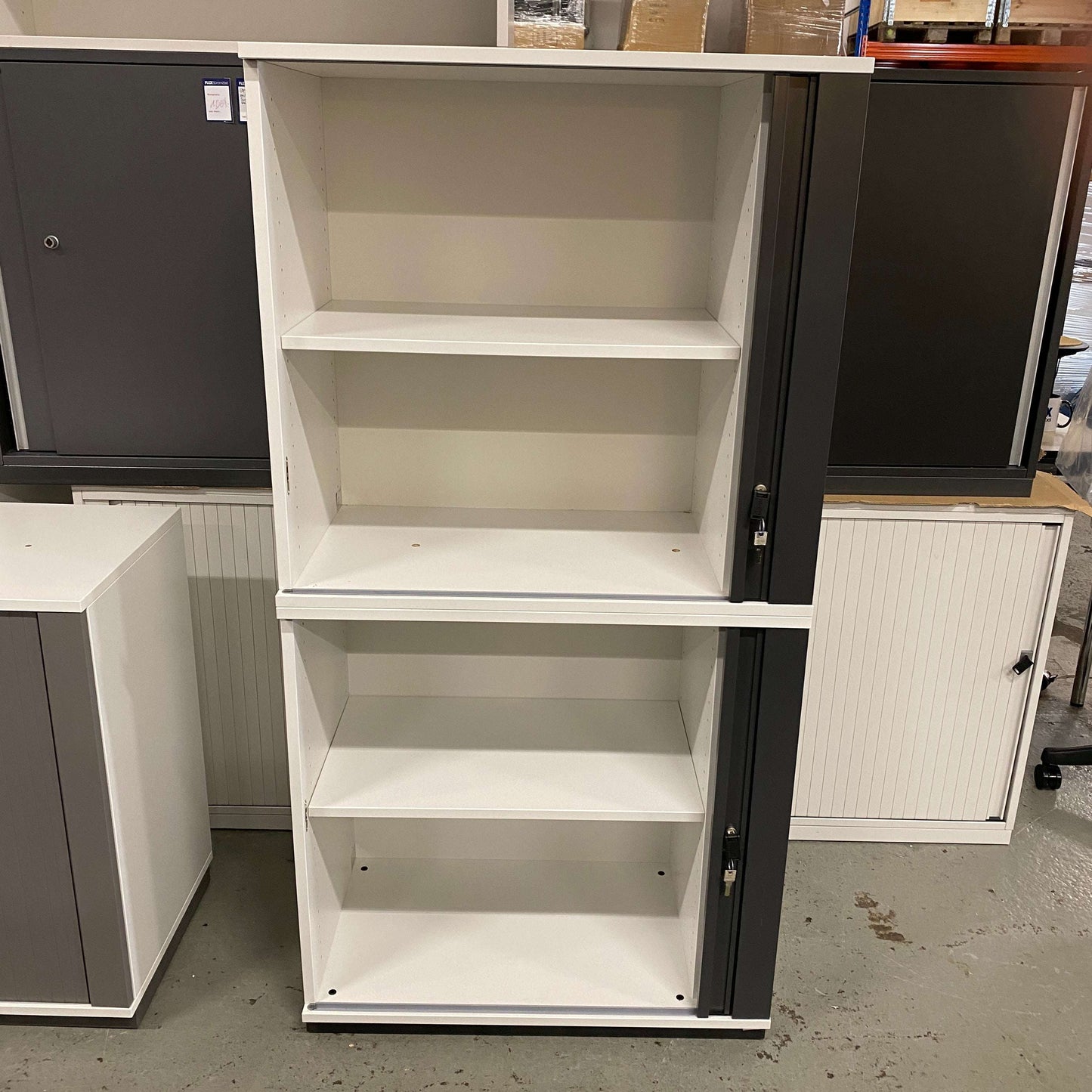WINI Rollladenschrank 4OH white body with dark anthracite front, open shelves, left closing door, new condition