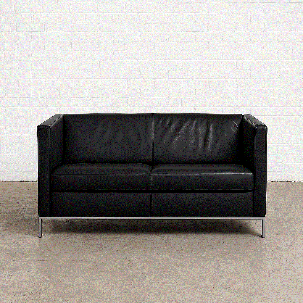 Walter Knoll Foster 500 schwarzes Ledersofa 2-Sitzer mit verchromtem Federstahlgestell