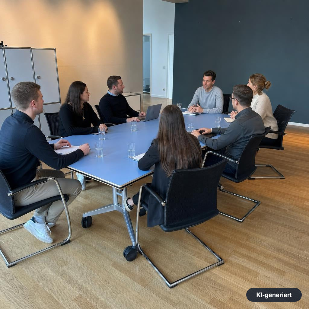 Blauer Wilkhahn Confair Falttisch 200x90cm mit Rollgestell in einem modernen Büro mit sechs Personen bei einer Besprechung.