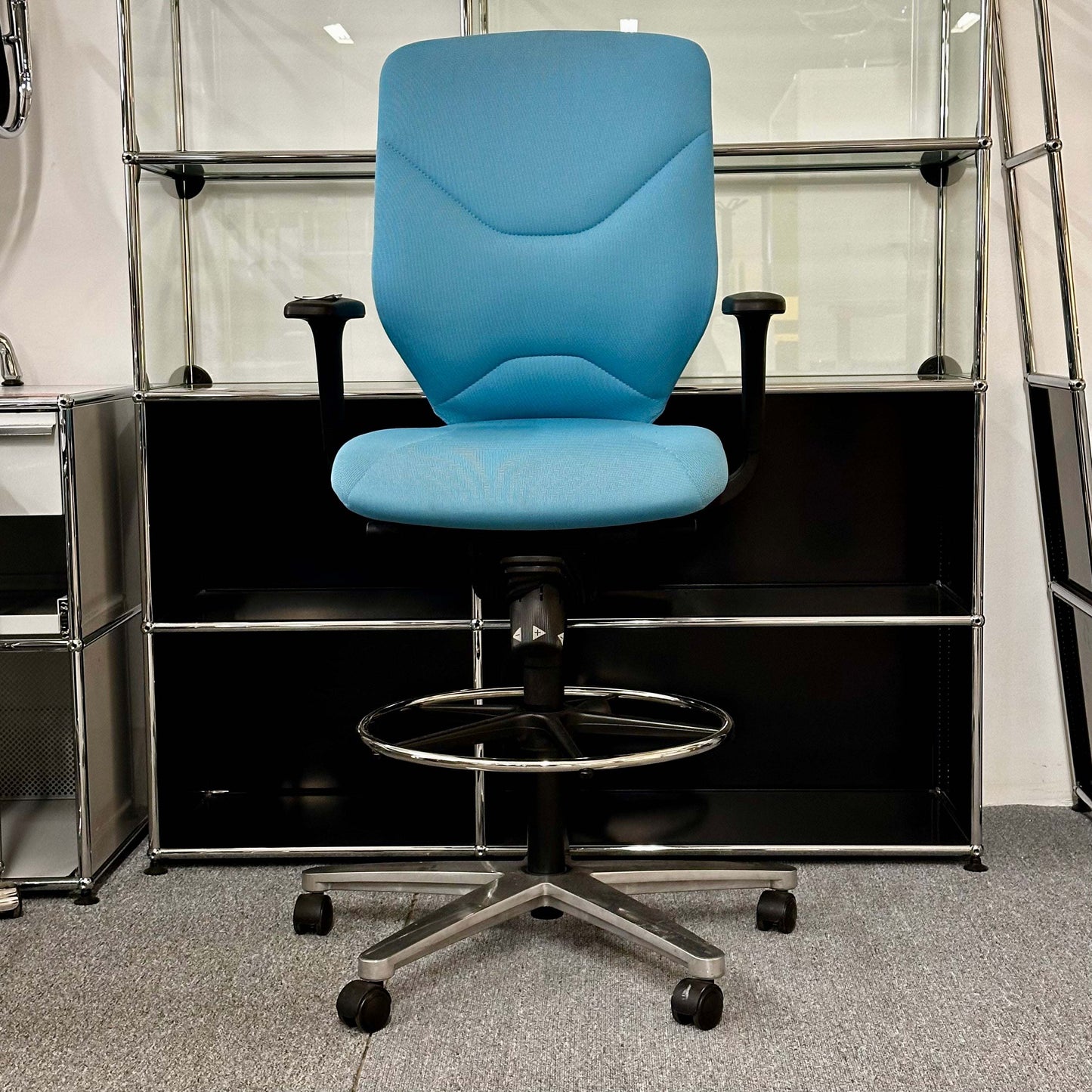 Blue Wilkhahn In 284/1 Counterstuhl ergonomic swivel office chair with elevated seat and footrest ring on caster wheels
