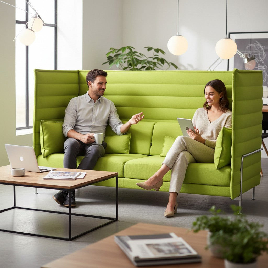 FLEX Büromöbel Vitra Alcove Highback 3-Sitzer Sofa in leuchtendem Limettengrün mit Chromgestell und zwei Zierkissen.