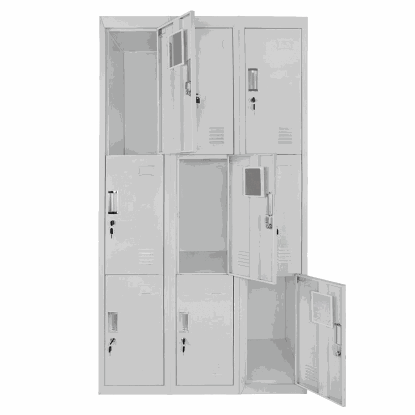 Light grey 9-compartment locker cabinet with lockable doors for storage and changing rooms, 90x180x50cm.