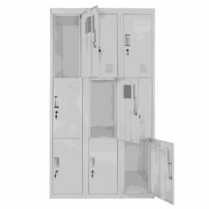 Light grey 9-compartment locker cabinet with lockable doors for storage and changing rooms, 90x180x50cm.