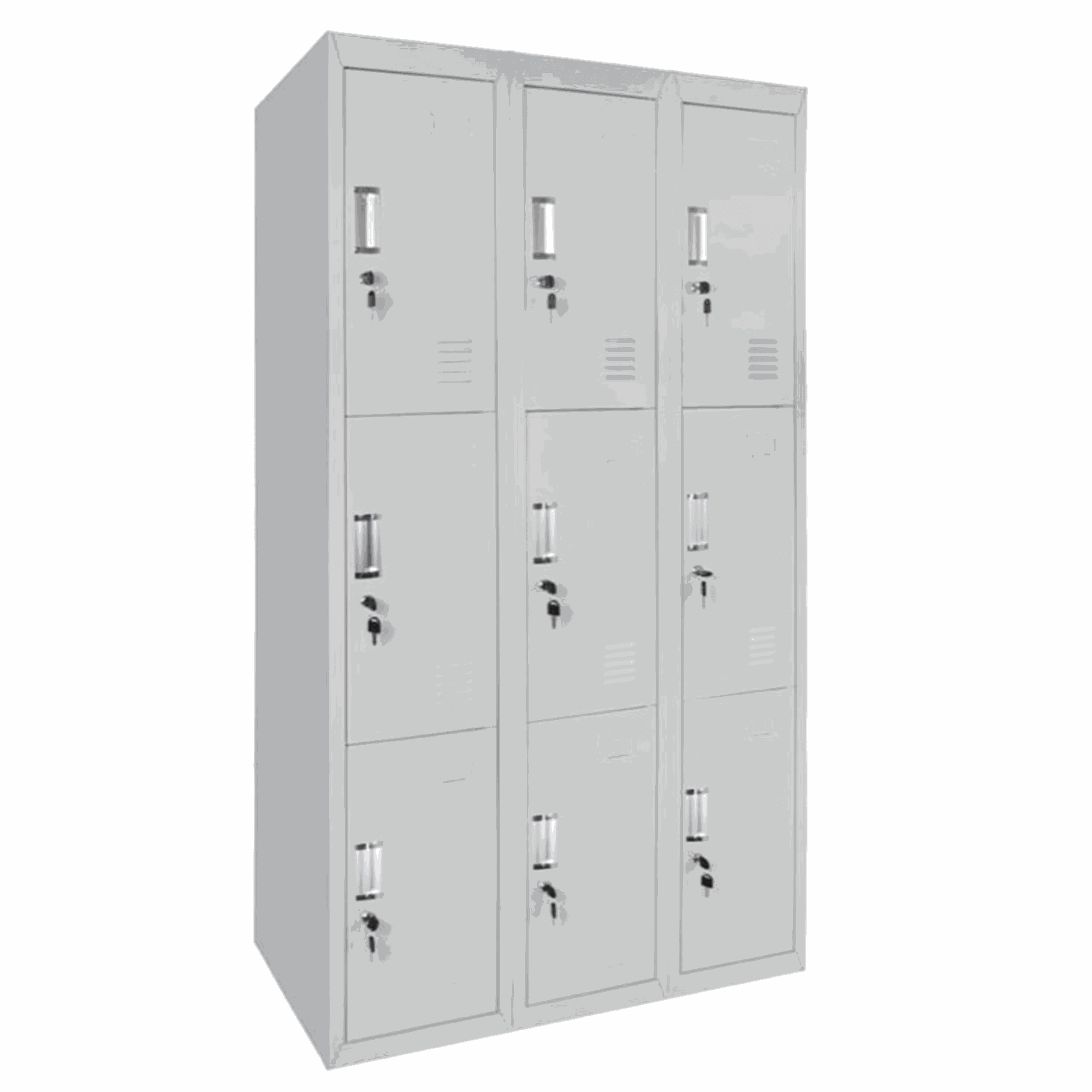 Light gray 9-compartment locker cabinet with lockable doors for changing rooms or storage, 90x180x50cm, self-assembly.