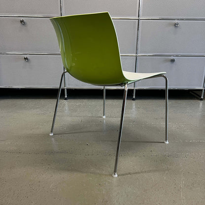 Arper Catifa 53 stackable indoor and outdoor chair in white and light green with chrome legs