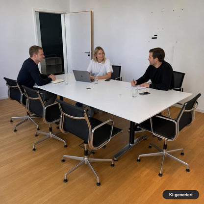 Weißer Bene Konferenztisch 240x120cm mit Kabeldurchlässen, umgeben von schwarzen Bürostühlen in einem hellen Büro.