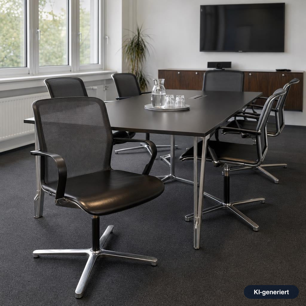 Bene Konferenzstuhl mit schwarzer Ledersitzfläche, Netzrücken und poliertem Aluminiumgestell in einem modernen Büro.