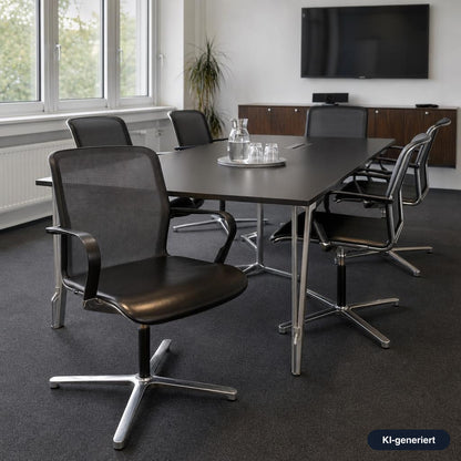 Bene Konferenzstuhl mit schwarzer Ledersitzfläche, Netzrücken und poliertem Aluminiumgestell in einem modernen Büro.