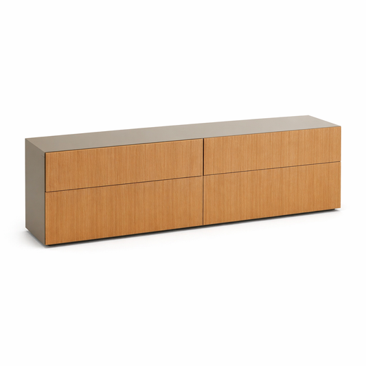 Blum Sideboard 260x60cm mit 4 Schubladen, Eichenfurnierfronten und warmgrauem Korpus.