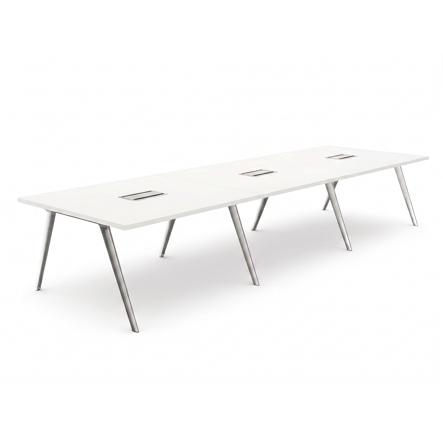 Langer Brunner Konferenztisch Ray 720x160cm mit weißer HPL-Platte, Chromgestell und integrierten Kabelkanälen.