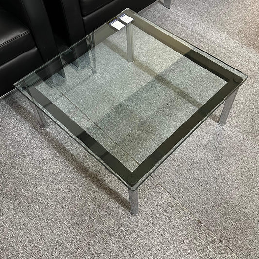 Square Cassina glass coffee table with metal legs in excellent used condition, 70x70x33 cm