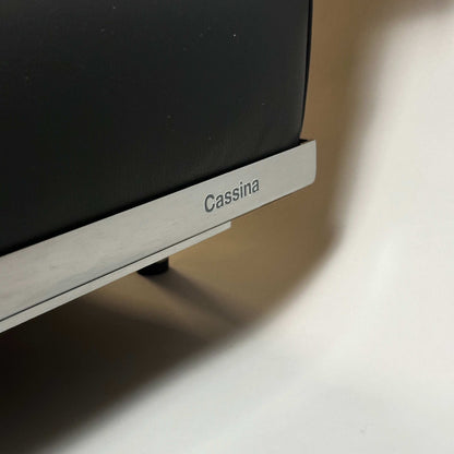 Close-up of Cassina LC2 3-seater leather sofa frame with Cassina logo engraving
