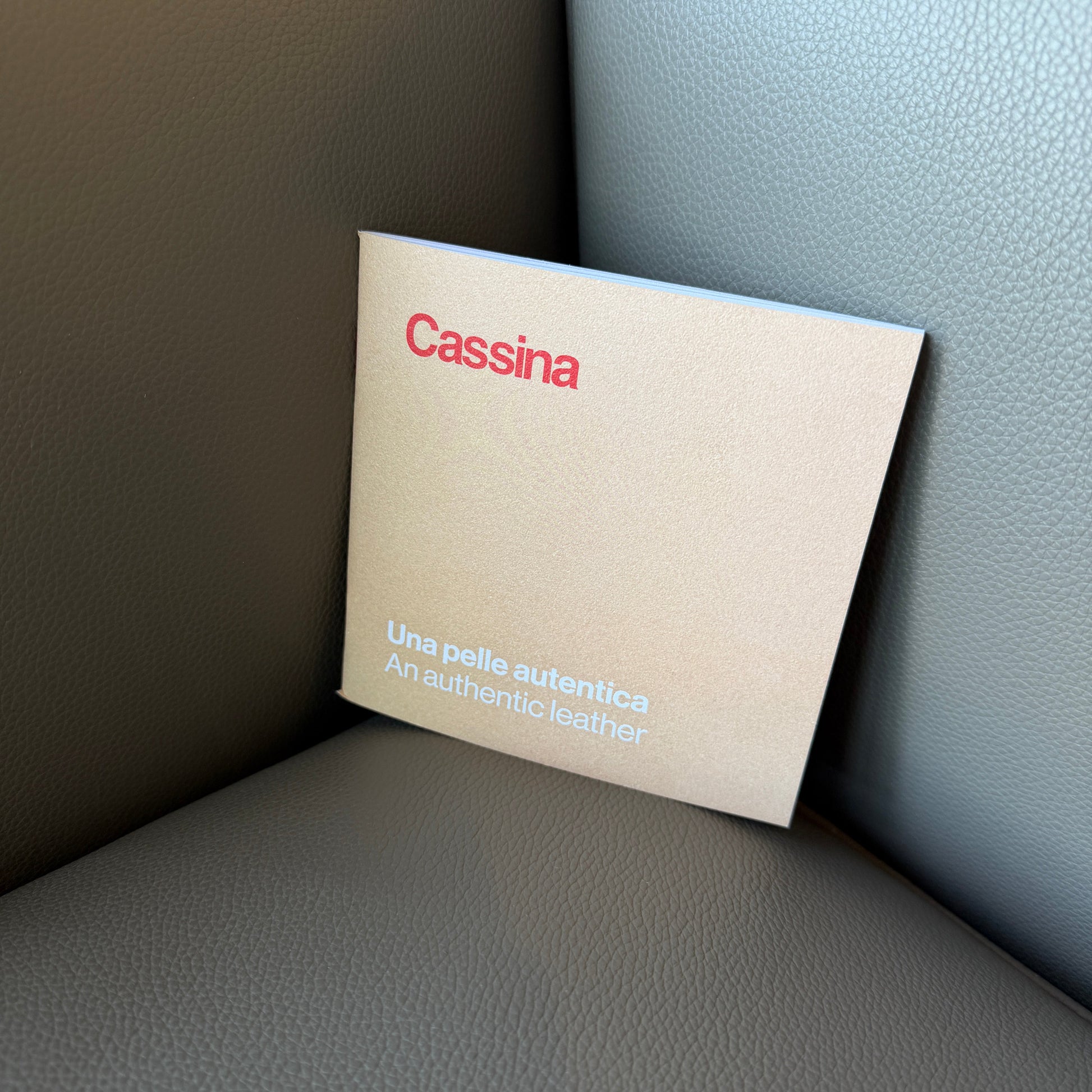 Cassina LC2 Ledersessel grau: beiges Etikett "Una pelle autentica" auf grauem schottischem Leder.