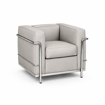 Cassina LC2 Ledersessel in grauem schottischem Leder mit verchromtem Stahlrohrgestell, 68x76x70cm.
