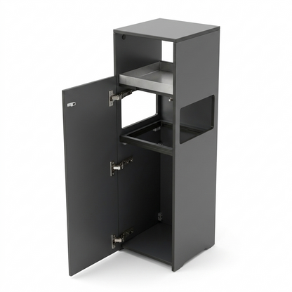 Conmoto Mülleimer/Aschenbecher aus anthrazitfarbenem HPL, 100cm hoch, mit offener Tür und Metalleinsatz.
