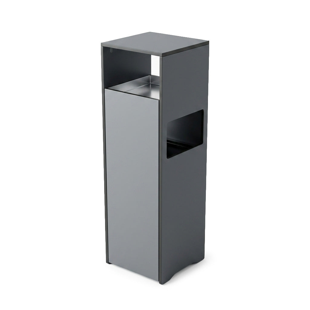 Conmoto Mülleimer/Aschenbecher aus anthrazitfarbenem HPL, schlankes, hohes Design mit Metalleinsatz.