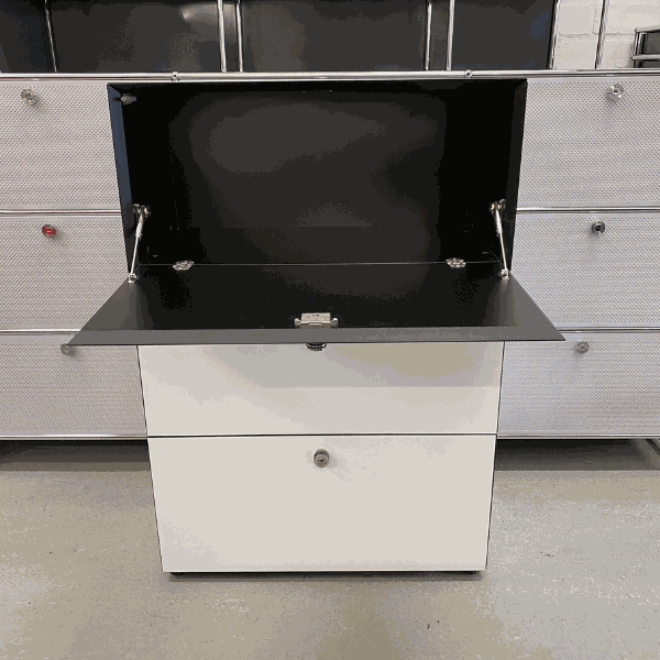 Dobergo Sideboard 3OH white cabinet with black drop-down door and storage compartments, dimensions 118x80x42cm.