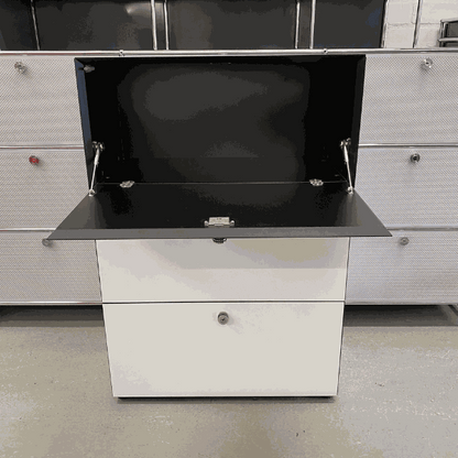 Dobergo Sideboard 3OH white cabinet with black drop-down door and storage compartments, dimensions 118x80x42cm.