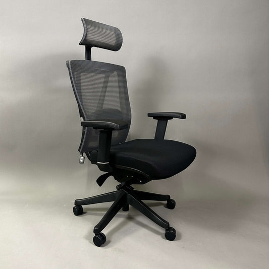 Ergonomic black office chair ergo1 schwarz with mesh backrest, adjustable headrest, 4D armrests, and fabric seat.