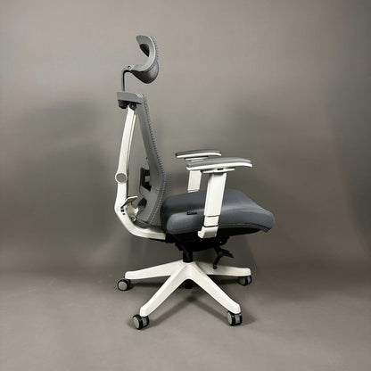 Ergonomic office chair Ergo1 in white and gray with adjustable headrest, 4D armrests, and mesh backrest.