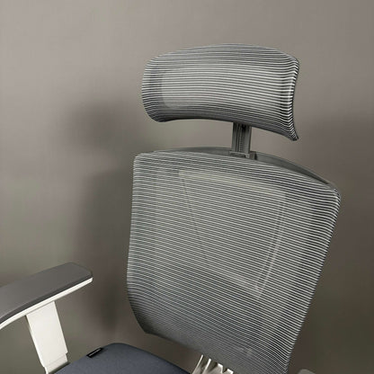 Grey mesh ergonomic office chair with adjustable headrest and white frame